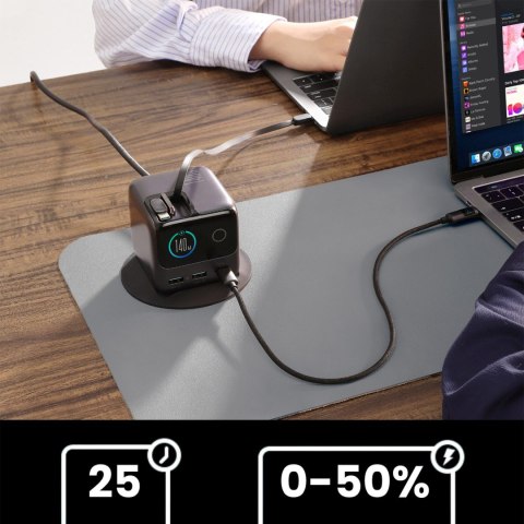 Ładowarka biurkowa 5 portów 2 zwijane kable GaN 140W - szara JOYROOM