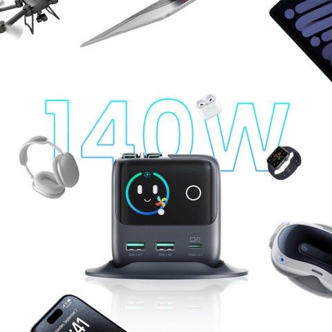 Ładowarka biurkowa 5 portów 2 zwijane kable GaN 140W - szara JOYROOM