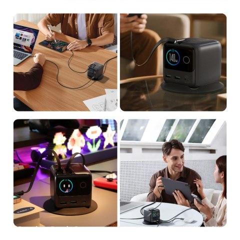 Ładowarka biurkowa 5 portów 2 zwijane kable GaN 140W - szara JOYROOM