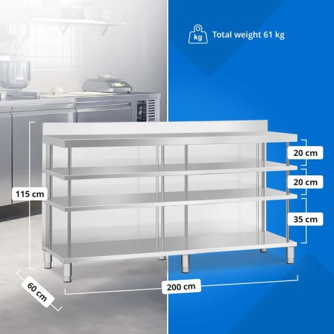 Stół blat barowy roboczy gastronomiczny z rantem 4 półki STAL 200 x 60 x 105 cm Royal Catering