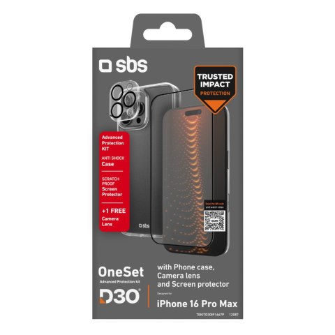 Zestaw ochronny 3w1 na iPhone 16 Pro Max etui szkło ochronne na ekran i aparat D3O - przezroczyste SBS