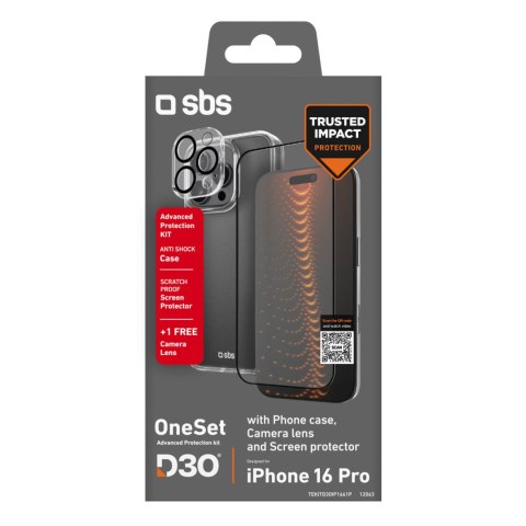 Zestaw ochronny 3w1 na iPhone 16 Pro etui szkło ochronne na ekran i aparat D3O - przezroczyste SBS