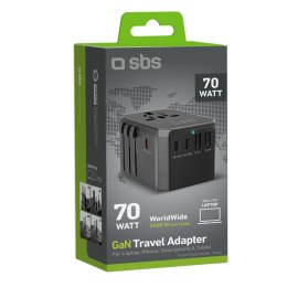 Adapter podróżny przejściówka do gniazdek EU UK US AUS USB-C USB-A GaN 70W - czarny SBS