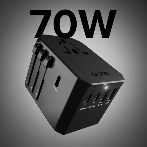 Adapter podróżny przejściówka do gniazdek EU UK US AUS USB-C USB-A GaN 70W - czarny SBS