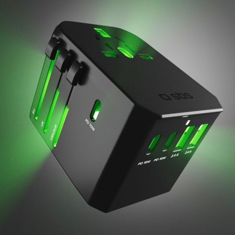 Adapter podróżny przejściówka do gniazdek EU UK US AUS USB-C USB-A GaN 70W - czarny SBS