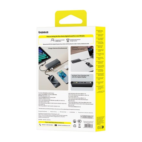 Powerbank 25000mAh 145W z wyświetlaczem wbudowanymi kablami USB-C - czarny BASEUS