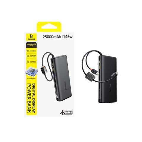 Powerbank 25000mAh 145W z wyświetlaczem wbudowanymi kablami USB-C - czarny BASEUS