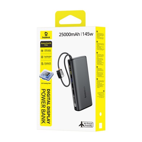 Powerbank 25000mAh 145W z wyświetlaczem wbudowanymi kablami USB-C - czarny BASEUS