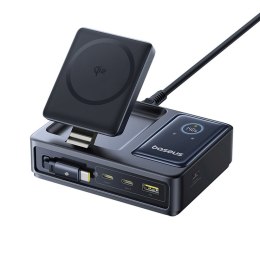 Stacja ładująca 5w1 USB-A UAB-C z wyświetlaczem zwijanym kablem 140W Qi2 - czarna BASEUS