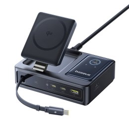 Stacja ładująca 5w1 USB-A UAB-C z wyświetlaczem zwijanym kablem 140W Qi2 - czarna BASEUS