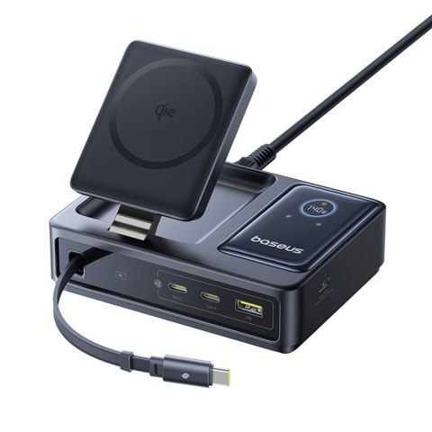 Stacja ładująca 5w1 USB-A UAB-C z wyświetlaczem zwijanym kablem 140W Qi2 - czarna BASEUS