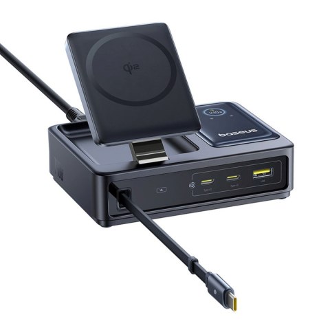 Stacja ładująca 5w1 USB-A UAB-C z wyświetlaczem zwijanym kablem 140W Qi2 - czarna BASEUS