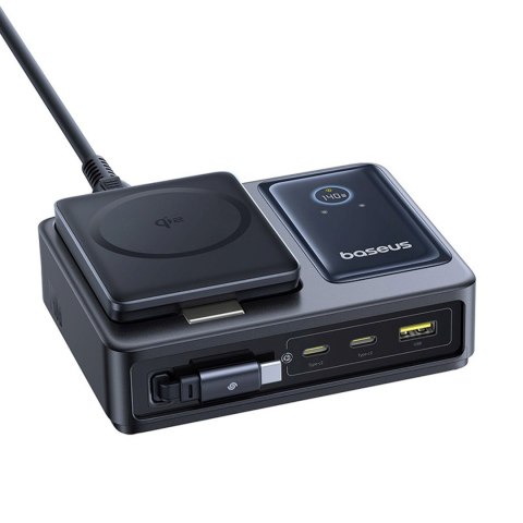 Stacja ładująca 5w1 USB-A UAB-C z wyświetlaczem zwijanym kablem 140W Qi2 - czarna BASEUS