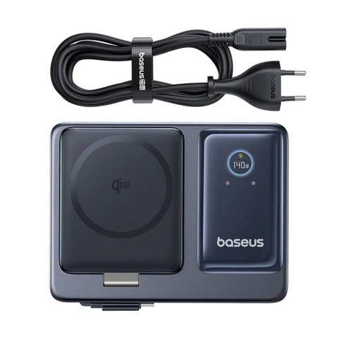 Stacja ładująca 5w1 USB-A UAB-C z wyświetlaczem zwijanym kablem 140W Qi2 - czarna BASEUS