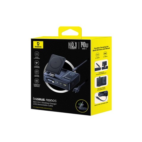 Stacja ładująca 5w1 USB-A UAB-C z wyświetlaczem zwijanym kablem 140W Qi2 - czarna BASEUS