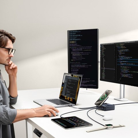 Stacja ładująca 5w1 USB-A UAB-C z wyświetlaczem zwijanym kablem 140W Qi2 - czarna BASEUS