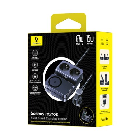 Stacja ładująca 6w1 bezprzewodowa USB-A USB-C 2x gniazdo AC 67W - czarna BASEUS
