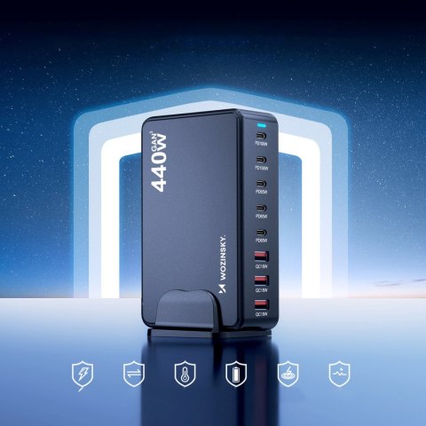 Stacja ładująca biurkowa 3x USB-A 5x USB-C GaN QC3 440W - czarna WOZINSKY