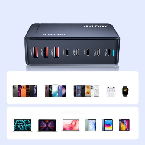 Stacja ładująca biurkowa 3x USB-A 5x USB-C GaN QC3 440W - czarna WOZINSKY
