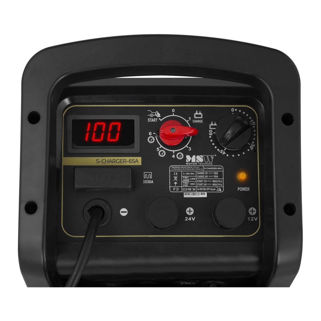 Prostownik rozruchowy do akumulatorów samochodowych Timer 12/24V 100A rozruch 480A MSW Prostownik rozruchowy do akumulatorów samochodowych Timer 12/24V 100A rozruch 480A MSW