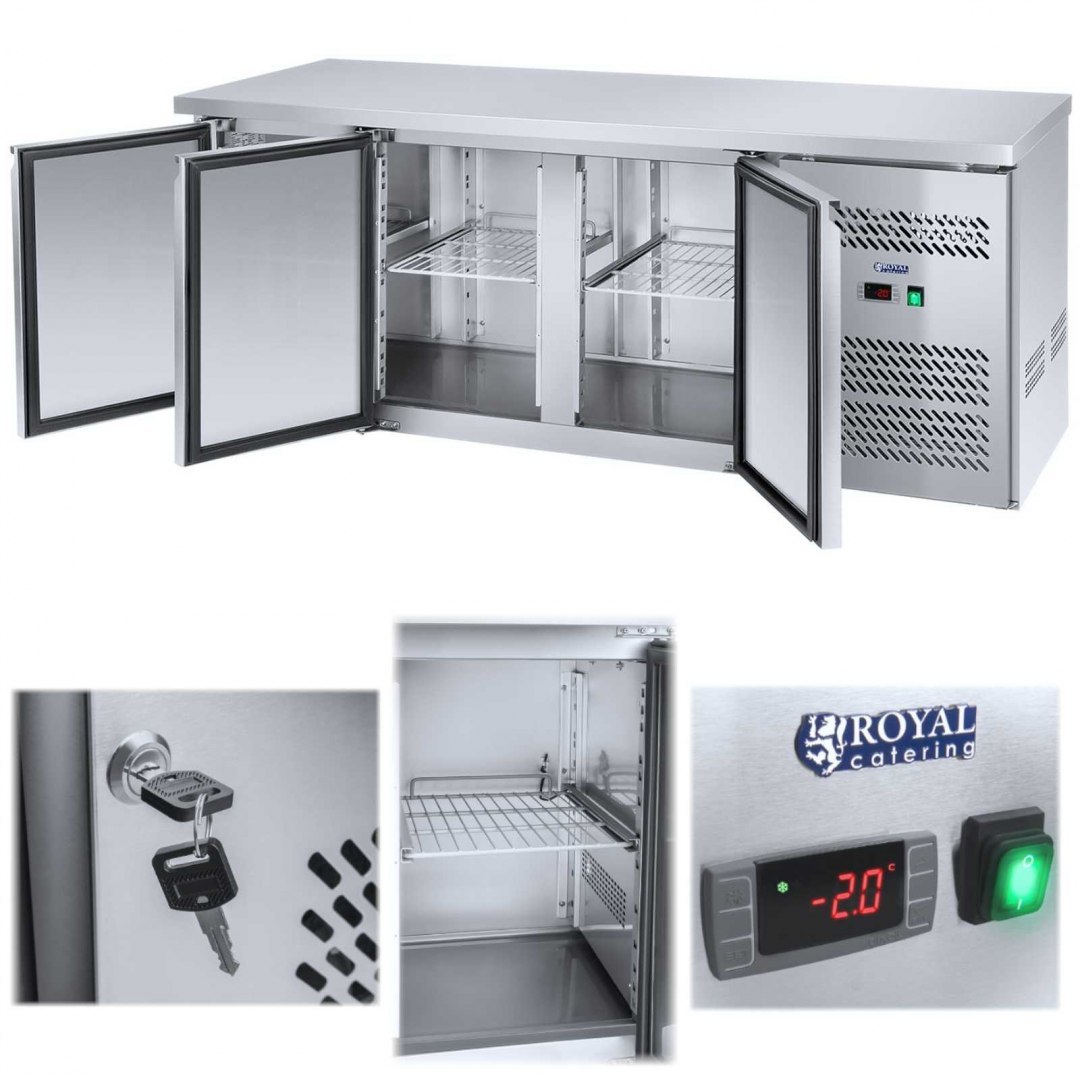 Stół chłodniczy 3-drzwiowy z blatem roboczym ze stali nierdzewnej od -2 do 8C 339L Royal Catering Stół chłodniczy 3-drzwiowy z blatem roboczym ze stali nierdzewnej od -2 do 8C 339L Royal Catering