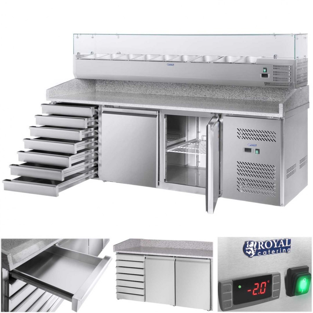 Stół chłodniczy do pizzy z granitowym blatem 2-drzwiowy 7 szuflad z nadstawą chłodniczą 9x GN1/3 Royal Catering Stół chłodniczy do pizzy z granitowym blatem 2-drzwiowy 7 szuflad z nadstawą chłodniczą 9x GN1/3 Royal Catering