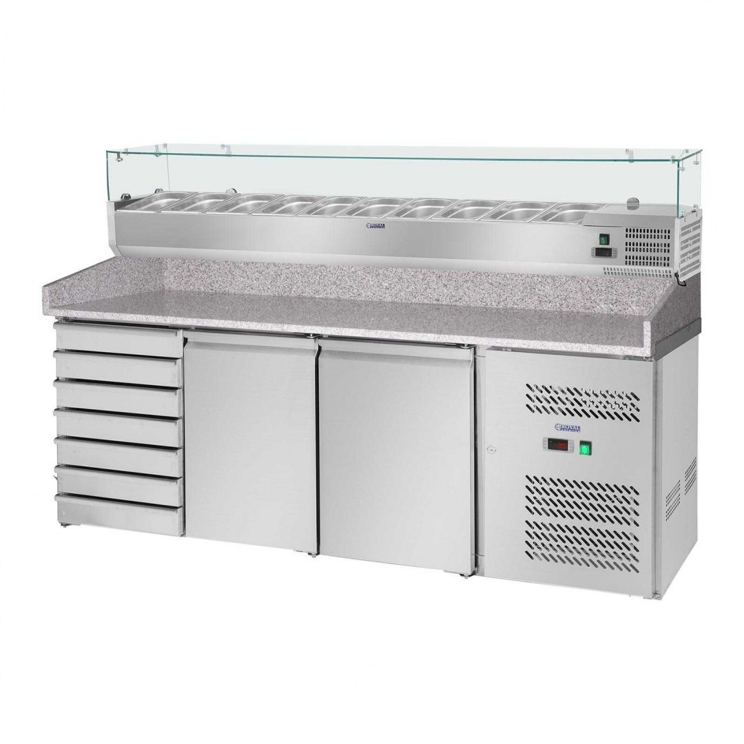 Stół chłodniczy do pizzy z granitowym blatem 2-drzwiowy 7 szuflad z nadstawą chłodniczą 9x GN1/3 Royal Catering Stół chłodniczy do pizzy z granitowym blatem 2-drzwiowy 7 szuflad z nadstawą chłodniczą 9x GN1/3 Royal Catering