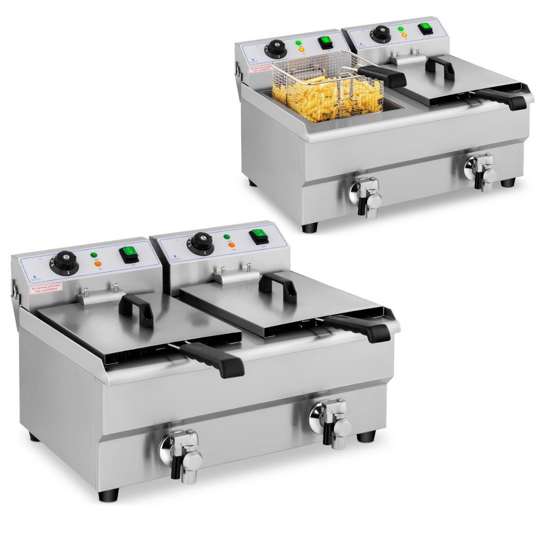 Frytownica podwójna gastronomiczna elektryczna z kranem 230 V 2 x 3000W 2 x 10 L Royal Catering Frytownica podwójna gastronomiczna elektryczna z kranem 230 V 2 x 3000W 2 x 10 L Royal Catering