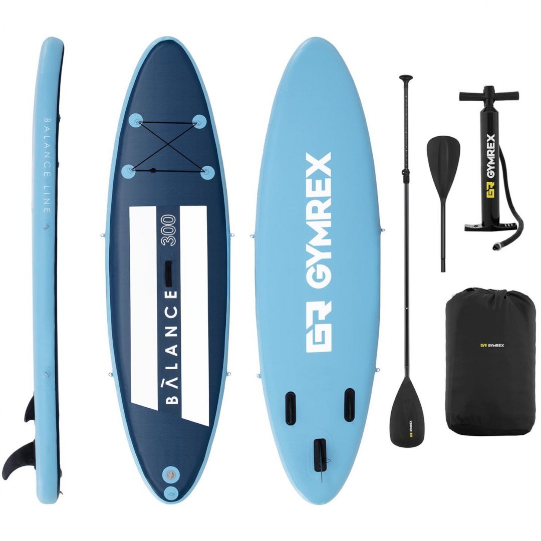 Deska do pływania SUP pompowana z akcesoriami Balance Line 135 kg niebieska GYMREX Deska do pływania SUP pompowana z akcesoriami Balance Line 135 kg niebieska GYMREX