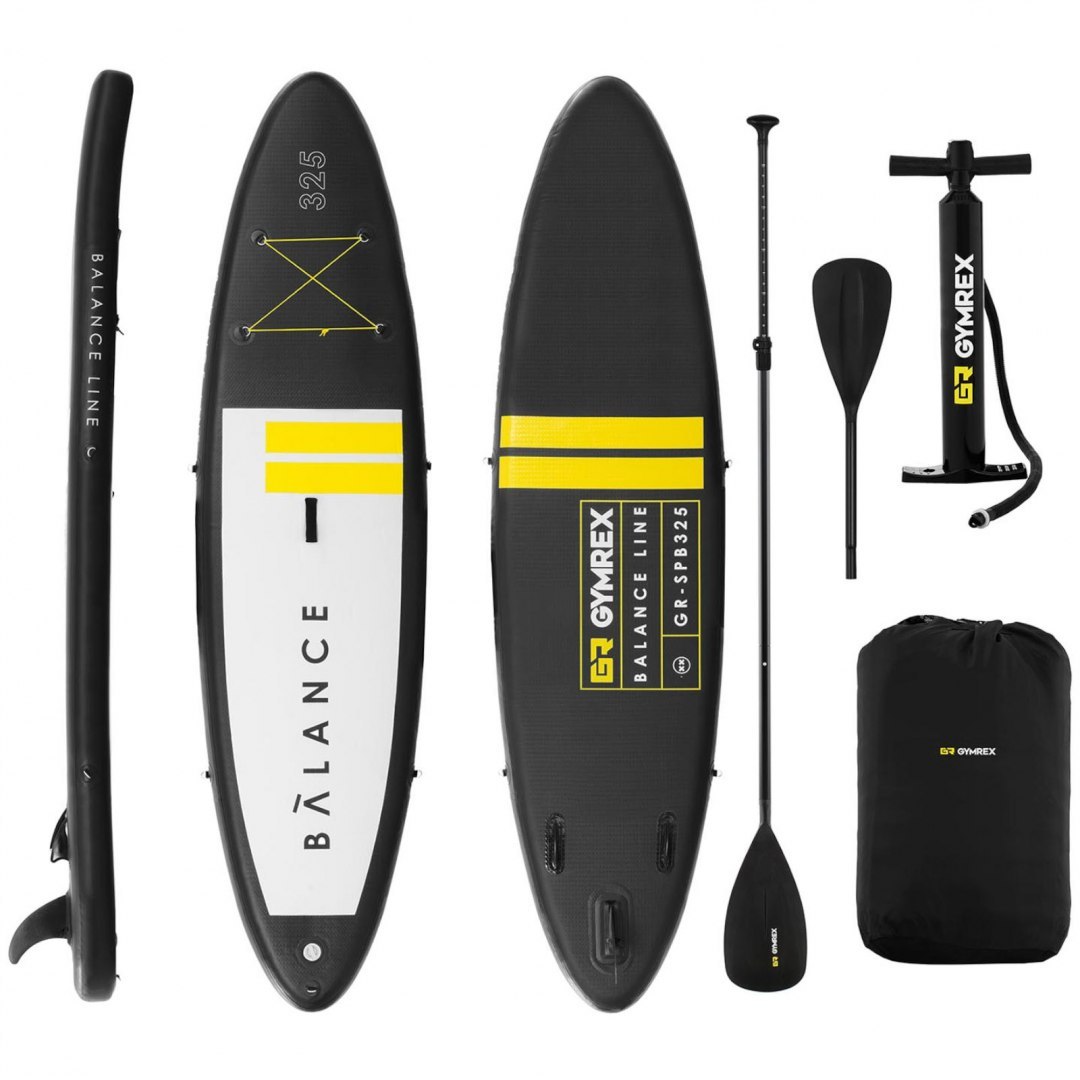 Deska do pływania SUP pompowana z akcesoriami Balance Line 145 kg czarna GYMREX Deska do pływania SUP pompowana z akcesoriami Balance Line 145 kg czarna GYMREX