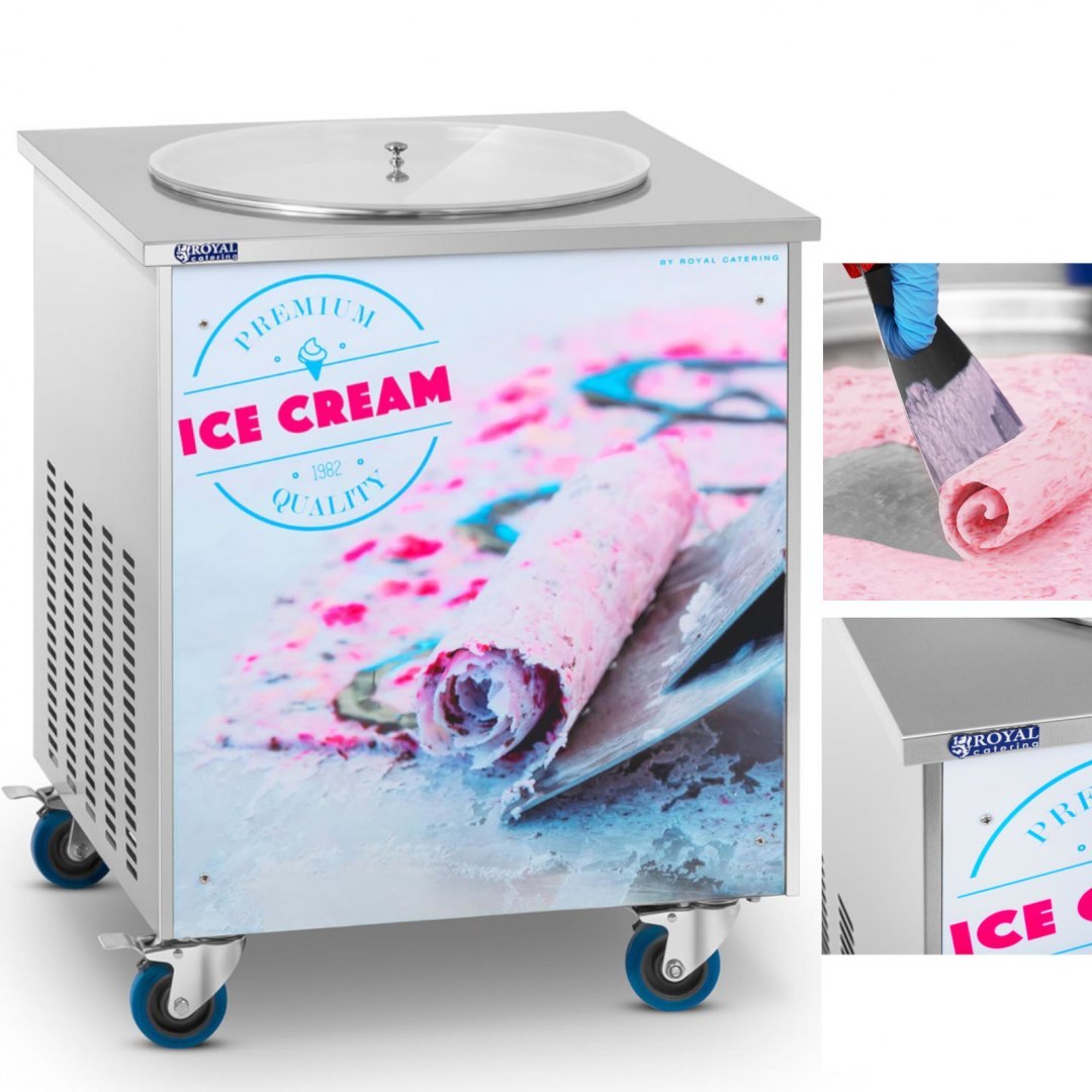Maszyna płyta mrożąca do lodów tajskich na kółkach śr. 50 cm 230 V 880 W Royal Catering Maszyna płyta mrożąca do lodów tajskich na kółkach śr. 50 cm 230 V 880 W Royal Catering
