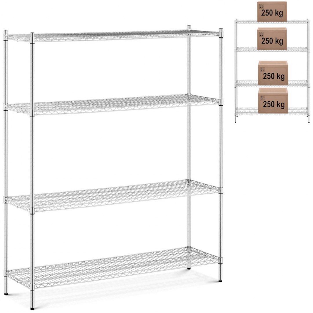 Regał magazynowy chromowany 4 półki druciane do 1 t 1000 kg 150x45x180 cm Royal Catering Regał magazynowy chromowany 4 półki druciane do 1 t 1000 kg 150x45x180 cm Royal Catering