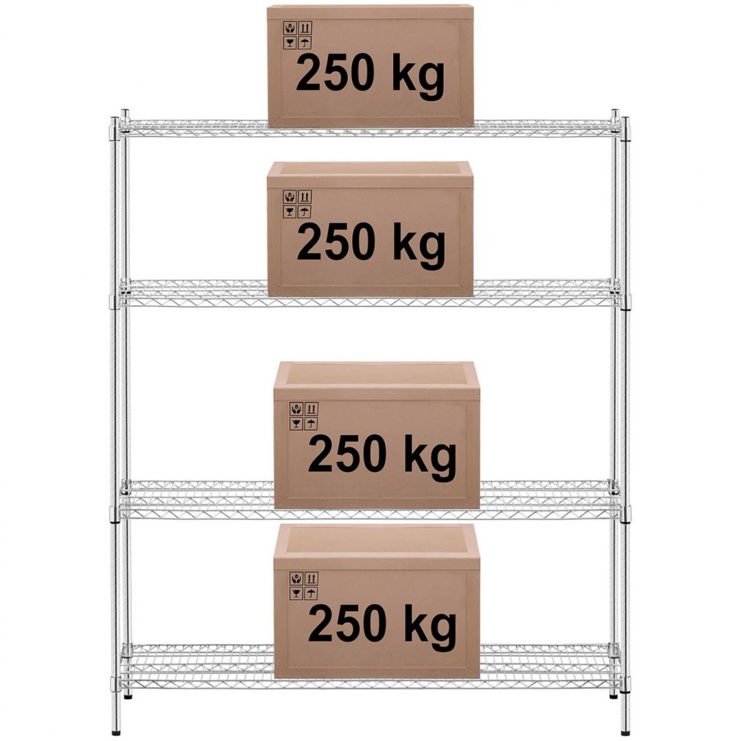 Regał magazynowy chromowany 4 półki druciane do 1 t 1000 kg 150x45x180 cm Royal Catering Regał magazynowy chromowany 4 półki druciane do 1 t 1000 kg 150x45x180 cm Royal Catering