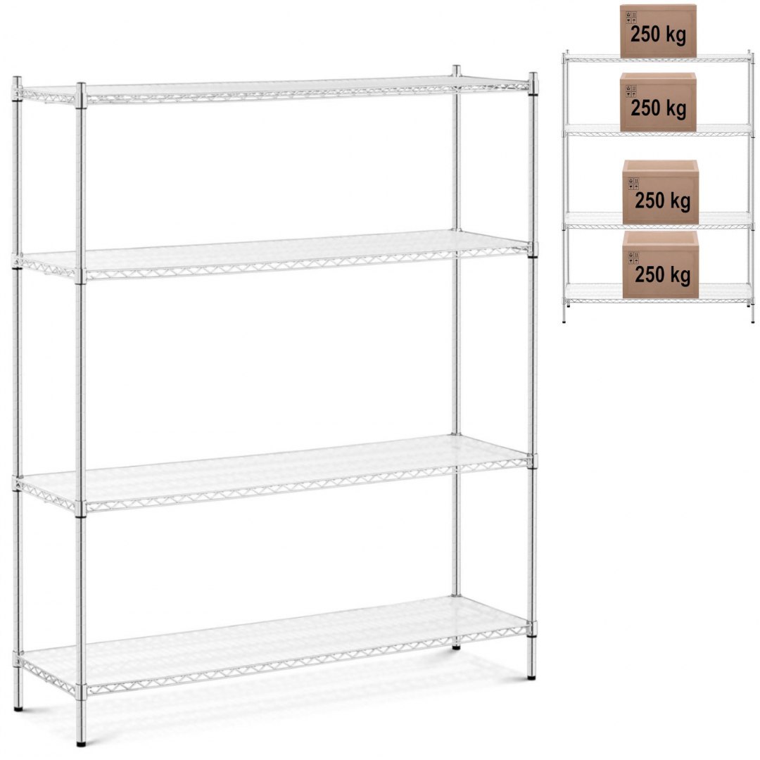 Regał magazynowy chromowany druciany 4 półki + 4 maty do 1 t 1000 kg 150x45x180 cm Royal Catering Regał magazynowy chromowany druciany 4 półki + 4 maty do 1 t 1000 kg 150x45x180 cm Royal Catering