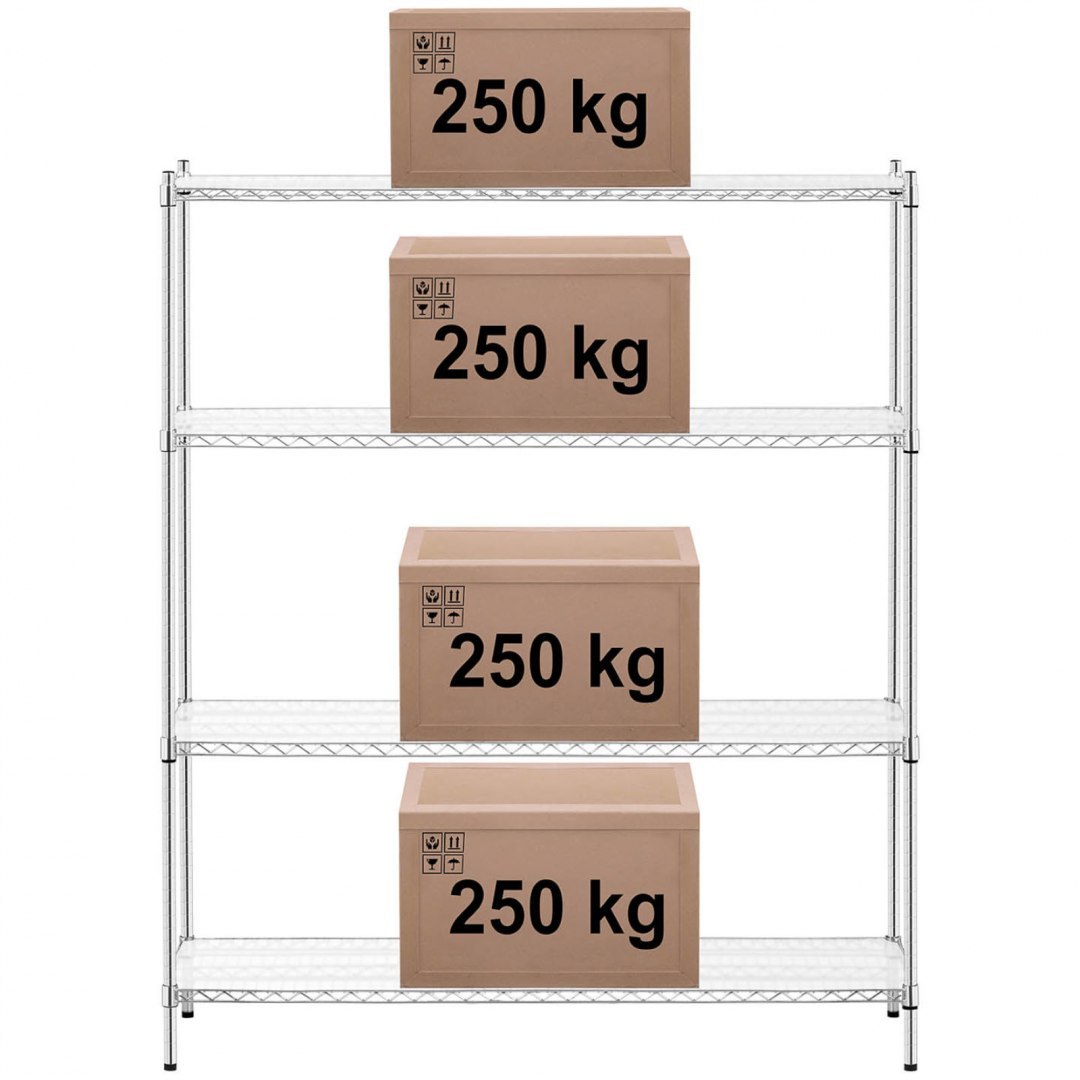 Regał magazynowy chromowany druciany 4 półki + 4 maty do 1 t 1000 kg 150x45x180 cm Royal Catering Regał magazynowy chromowany druciany 4 półki + 4 maty do 1 t 1000 kg 150x45x180 cm Royal Catering