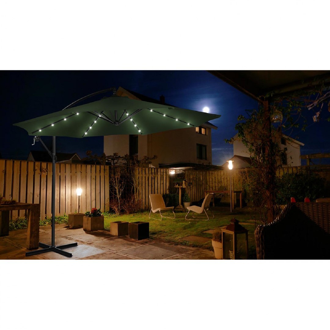 Parasol ogrodowy na wysięgniku okrągły z oświetleniem LED śr. 300 cm zielony UNIPRODO Parasol ogrodowy na wysięgniku okrągły z oświetleniem LED śr. 300 cm zielony UNIPRODO