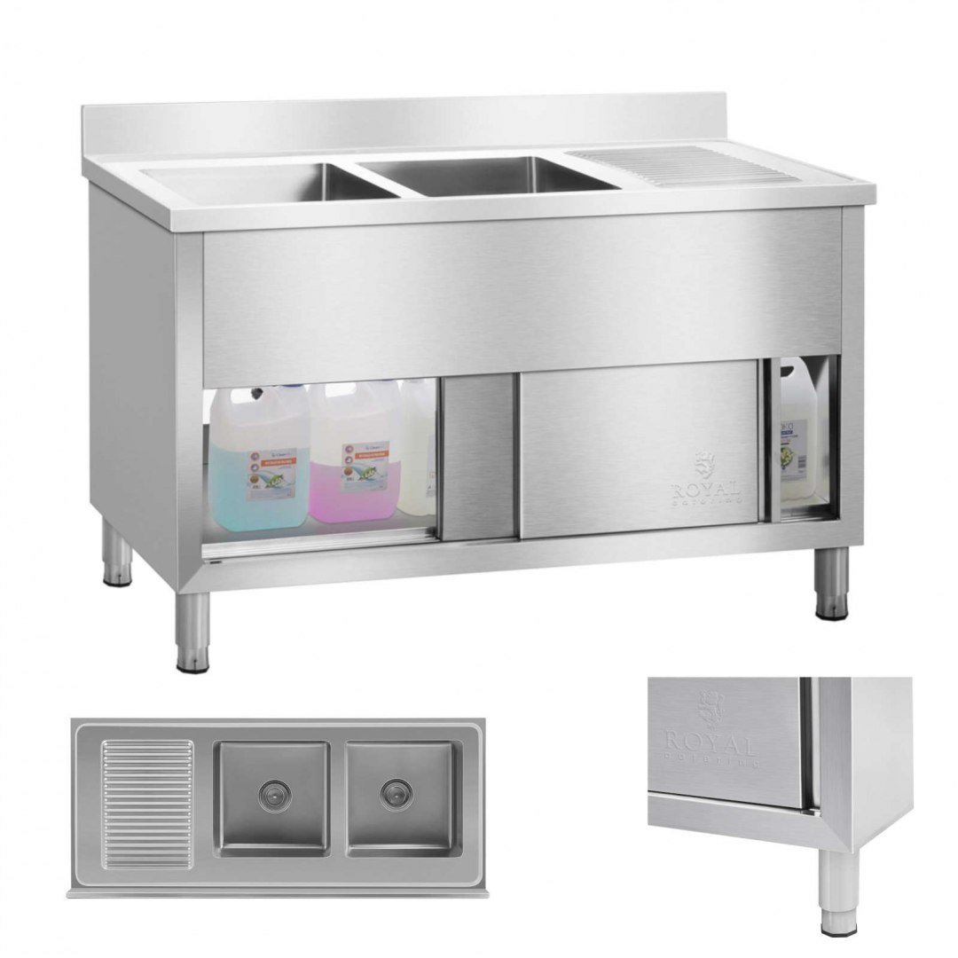 Zlewozmywak zlew gastronomiczny przemysłowy 2-komorowy na podstawie 140cm Royal Catering Royal Catering Zlewozmywak zlew gastronomiczny przemysłowy 2-komorowy na podstawie 140cm Royal Catering Royal Catering