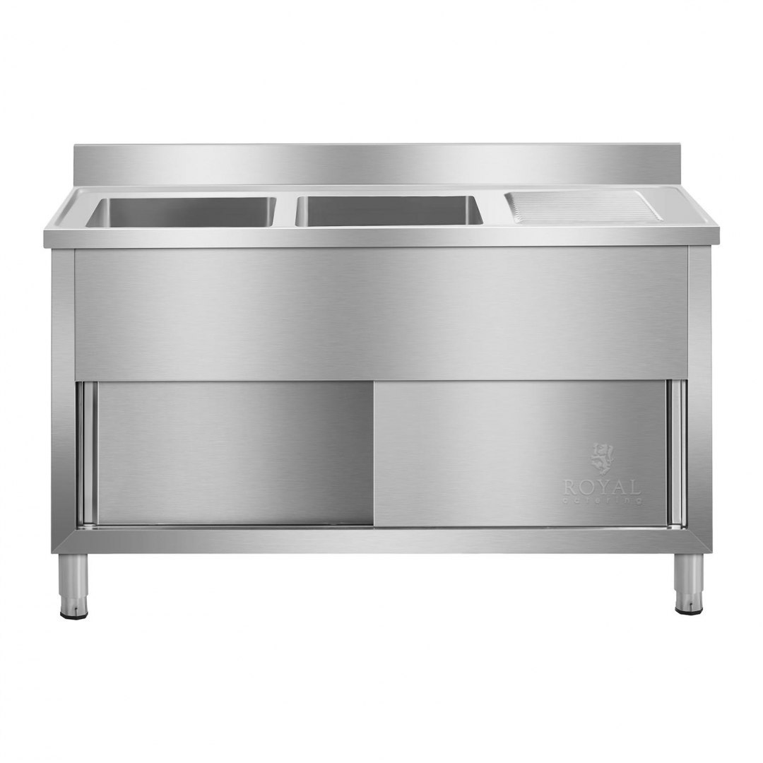 Zlewozmywak zlew gastronomiczny przemysłowy 2-komorowy na podstawie 140cm Royal Catering Royal Catering Zlewozmywak zlew gastronomiczny przemysłowy 2-komorowy na podstawie 140cm Royal Catering Royal Catering