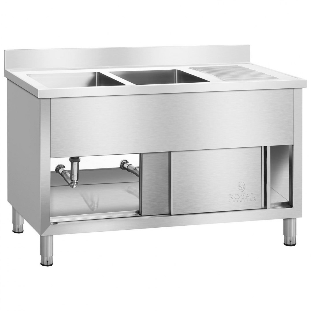 Zlewozmywak zlew gastronomiczny przemysłowy 2-komorowy na podstawie 140cm Royal Catering Royal Catering Zlewozmywak zlew gastronomiczny przemysłowy 2-komorowy na podstawie 140cm Royal Catering Royal Catering