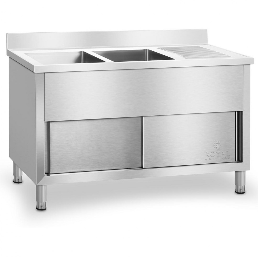 Zlewozmywak zlew gastronomiczny przemysłowy 2-komorowy na podstawie 140cm Royal Catering Royal Catering Zlewozmywak zlew gastronomiczny przemysłowy 2-komorowy na podstawie 140cm Royal Catering Royal Catering