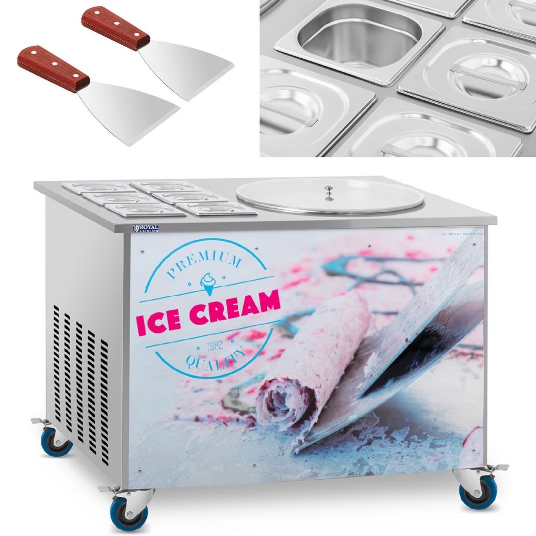 Maszyna płyta mrożąca do lodów tajskich na kółkach śr. 50 cm 230 V 1150 W 6x GN Royal Catering Maszyna płyta mrożąca do lodów tajskich na kółkach śr. 50 cm 230 V 1150 W 6x GN Royal Catering