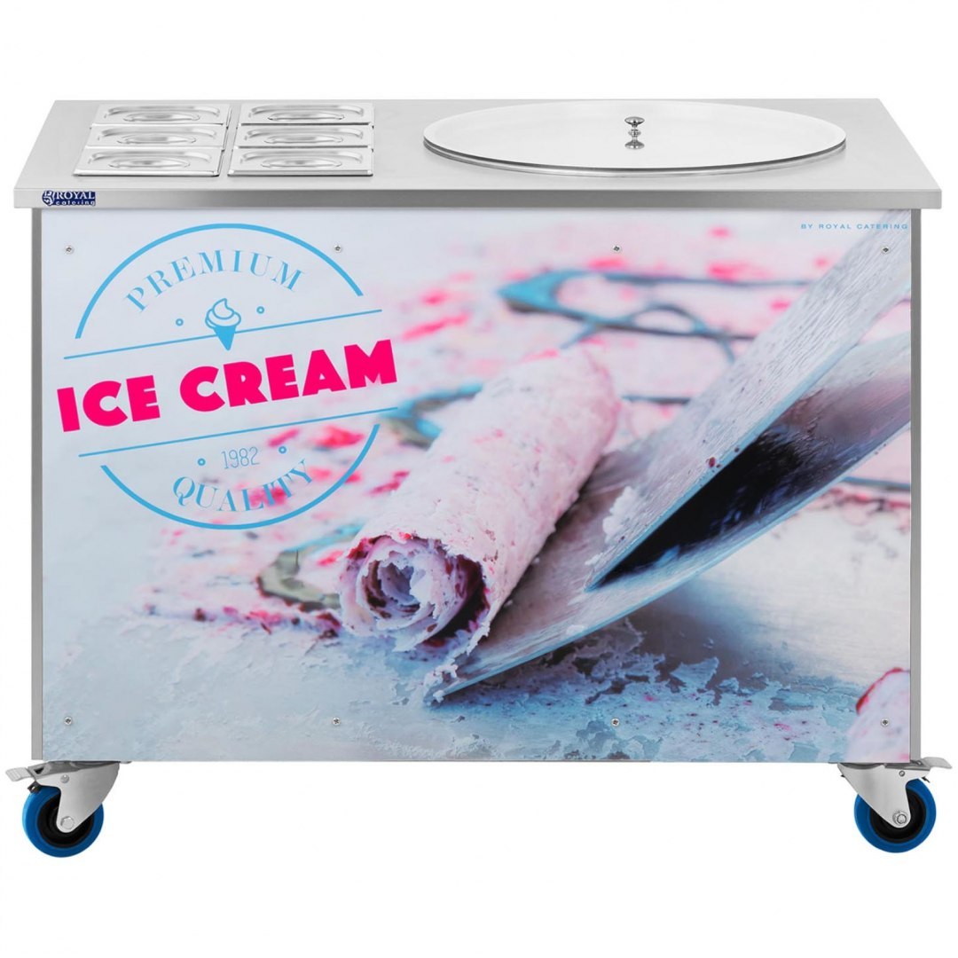 Maszyna płyta mrożąca do lodów tajskich na kółkach śr. 50 cm 230 V 1150 W 6x GN Royal Catering Maszyna płyta mrożąca do lodów tajskich na kółkach śr. 50 cm 230 V 1150 W 6x GN Royal Catering