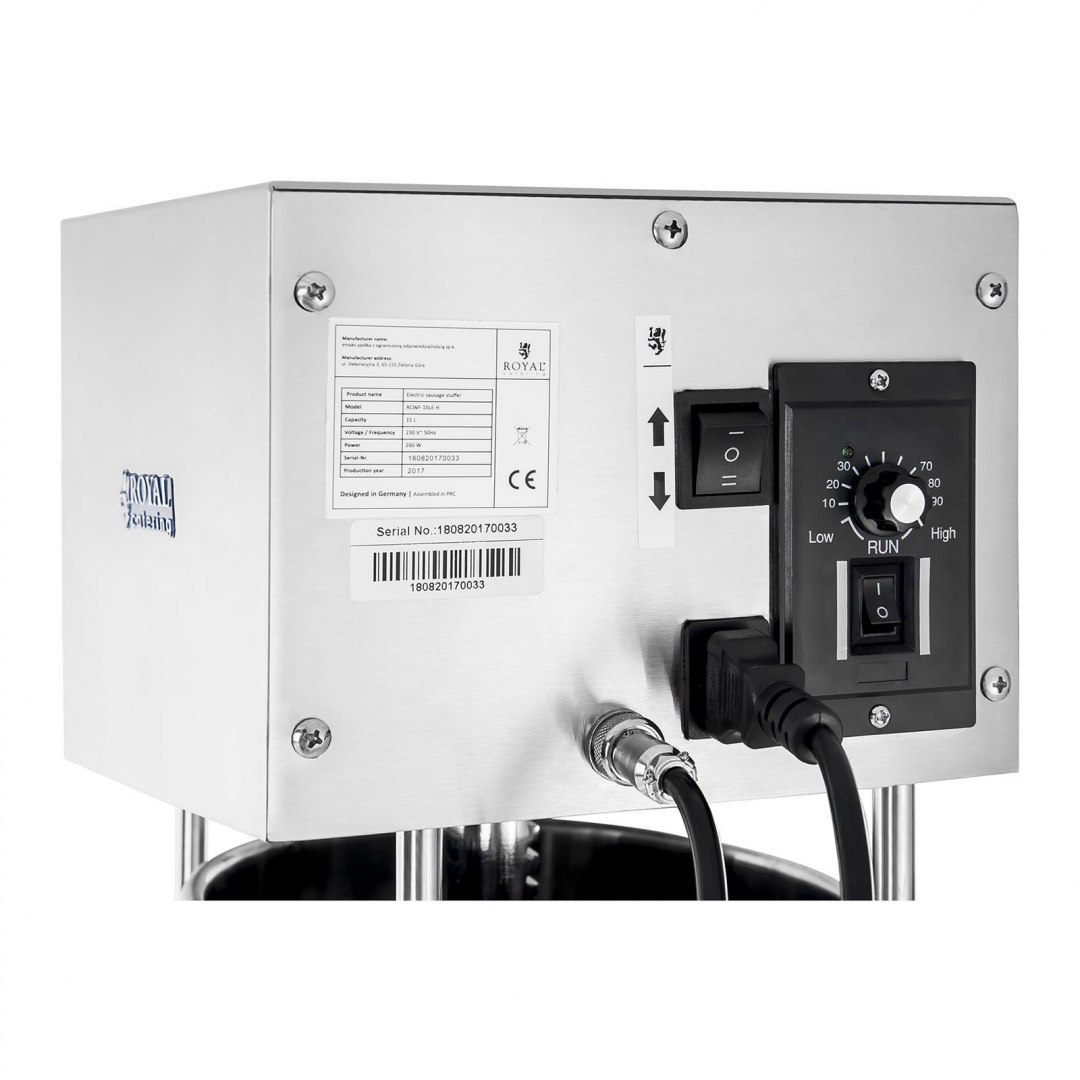 Napełniacz nadziewarka do kiełbasy elektryczny z silnikiem Royal Catering + 4 lejki 15L Royal Catering Napełniacz nadziewarka do kiełbasy elektryczny z silnikiem Royal Catering + 4 lejki 15L Royal Catering