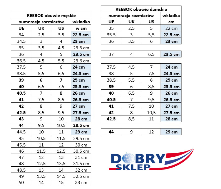 Reebok rozmiary obuwia sportowego